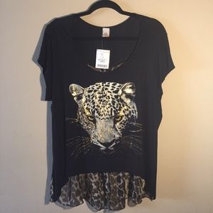 Black 2X Cheetah Print Gold Foil Blouse